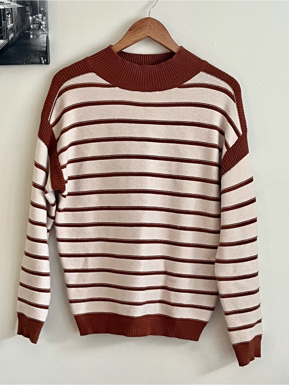 Pink Martini Oversized Burgundy & Cream Striped Knit Sweater XS PTP 21 inch
